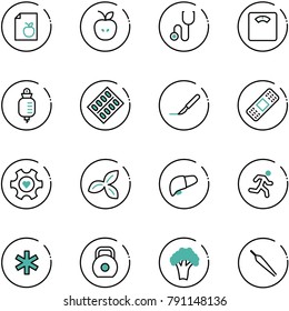 line vector icon set - diet list vector, apple, stethoscope, floor scales, drop counter, pills blister, scalpel, medical patch, heart gear, three leafs, liver, run, ambulance star, weight, broccoli