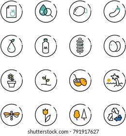 line vector icon set - diet list vector, blood test, lemon, eggplant, pear, milk, spica, eggs, flower pot, sproute, coconut cocktail, palm, dragonfly, tulip, forest, recycling