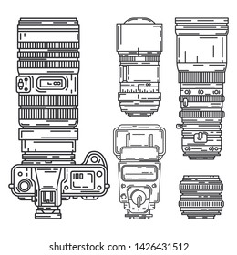 Line vector icon set digital photographer professional equipment. Photography art. Photographic tripod, camera, various lens, flash. Cartoon style illustration, element design. Snapshot photo studio.