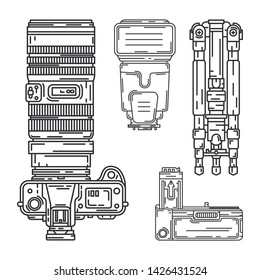 Line vector icon set digital photographer professional equipment. Photography. Photographic power bank, tripod, camera, lens, flash. Cartoon style illustration, element design. Snapshot photo studio.