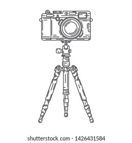 Line vector icon set digital photographer professional equipment. Photography. Photographi camera mounted on a tripod, lens, flash. Cartoon style illustration, element design. Snapshot photo studio.