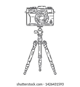 Line vector icon set digital photographer professional equipment. Photography. Photographi camera mounted on a tripod, lens, flash. Cartoon style illustration, element design. Snapshot photo studio.