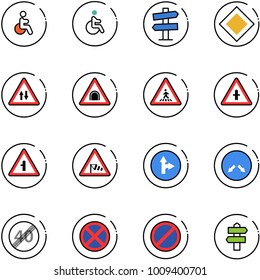 line vector icon set - disabled vector, road signpost sign, main, oncoming traffic, tunnel, pedestrian, intersection, side wind, only forward right, detour, end speed limit, no stop, parking