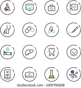 line vector icon set - disabled vector, diagnostic monitor, doctor bag, first aid room, stethoscope, pills, scalpel, hospital bed, liver, tooth, virus, mobile heart, hat, flask, molecule