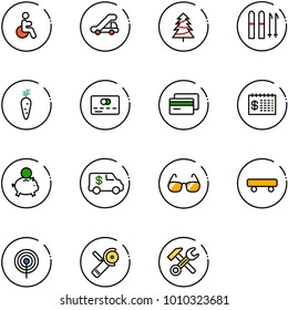 line vector icon set - disabled vector, trap truck, christmas tree, ski, carrot, credit card, finance calendar, piggy bank, encashment car, sunglasses, skateboard, antenna, Angular grinder