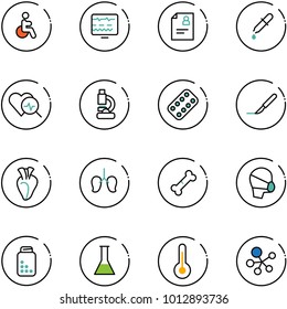 line vector icon set - disabled vector, diagnostic monitor, patient card, pipette, heart diagnosis, lab, pills blister, scalpel, lungs, broken bone, medical mask, bottle, flask, thermometer