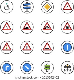 line vector icon set - disabled vector, road signpost sign, main, turn right, left, steep descent, embankment, tunnel, traffic light, intersection, rough, only forward, detour, outdoor cafe