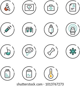 line vector icon set - disabled vector, first aid kit, doctor bag, patient card, syringe, vial, drop counter, mri, stomach, brain, broken bone, ambulance star, pills bottle, pulse clipboard