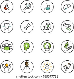 line vector icon set - disabled vector, bacteria, stomach, liver, tooth, broken bone, investment, group, head bulb, man globe, career, success, dollar, star, feet