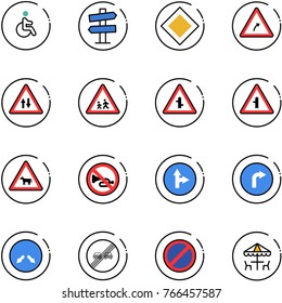 line vector icon set - disabled vector, road signpost sign, main, turn right, oncoming traffic, children, intersection, cow, no horn, only forward, detour, end overtake limit, parking, outdoor cafe