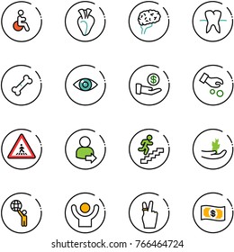 line vector icon set - disabled vector, heart, brain, tooth, broken bone, eye, investment, pedestrian road sign, user login, career, hand sproute, world, success, victory, money