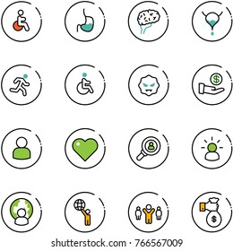 line vector icon set - disabled vector, stomach, brain, bladder, run, virus, investment, user, heart, head hunter, idea, man globe, world, team leader, rich
