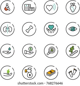 line vector icon set - disabled vector, hospital building, heart beat, kidneys, broken bone, care, eye, drop hand, investment, head hunter, career, sproute, rich, dollar, feet