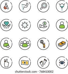 line vector icon set - disabled vector, power hand, bacteria, bladder, heart care, virus, investment, user, login, group, world, dollar, victory, money, feet, eye scanner