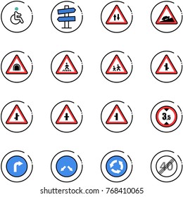 line vector icon set - disabled vector, road signpost sign, oncoming traffic, climb, tunnel, pedestrian, children, intersection, limited height, only right, detour, circle, end speed limit