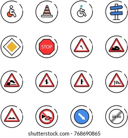 line vector icon set - disabled vector, road cone, signpost sign, main, stop, turn left, steep descent, embankment, intersection, side wind, rough, no horn, detour, end overtake limit