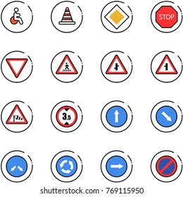 line vector icon set - disabled vector, road cone, main sign, stop, giving way, pedestrian, intersection, side wind, limited height, only forward, detour, circle, right, no parking
