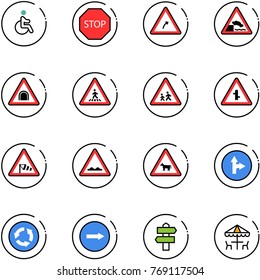 line vector icon set - disabled vector, stop road sign, turn right, embankment, tunnel, pedestrian, children, intersection, side wind, rough, cow, only forward, circle, signpost, outdoor cafe