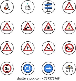 line vector icon set - disabled vector, road signpost sign, turn right, left, embankment, tunnel, traffic light, intersection, cow, no horn, limited height, circle, only, outdoor cafe