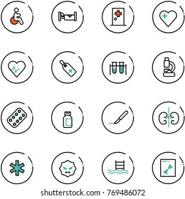 line vector icon set - disabled vector, hotel, first aid room, heart, pulse, medical label, vial, lab, pills blister, bottle, scalpel, kidneys, ambulance star, virus, pool, x ray
