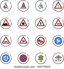 line vector icon set - disabled vector, road cone, turn left sign, steep descent, tunnel, intersection, side wind, rough, cow, no horn, only forward right, circle, stop, signpost, outdoor cafe