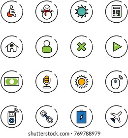 line vector icon set - disabled vector, snowman, sun, calculator, home, user, delete cross, play, money, microphone, mouse wireless, music player, link, battery, plane