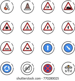 line vector icon set - disabled vector, road cone, oncoming traffic sign, climb, tunnel, pedestrian, intersection, rough, cow, only forward, detour, circle, end speed limit, no stop, outdoor cafe