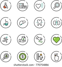 line vector icon set - disabled vector, hospital building, heart beat, bacteria, stomach, liver, tooth, kidneys, run, investment, head hunter, dollar, opportunity, victory