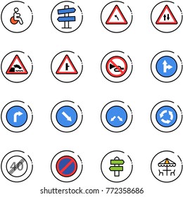 line vector icon set - disabled vector, road signpost sign, turn left, oncoming traffic, embankment, intersection, no horn, only forward right, detour, circle, end speed limit, parking, outdoor cafe