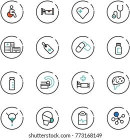 line vector icon set - disabled vector, hotel, heart, stethoscope, hospital building, medical label, pills, bottle, vial, mri, bed, brain, bladder, mask, pulse clipboard, molecule