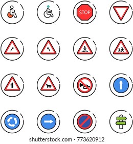 line vector icon set - disabled vector, stop road sign, giving way, turn right, left, pedestrian, children, intersection, cow, no horn, only forward, circle, parking, signpost