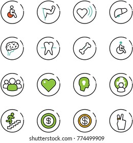 line vector icon set - disabled vector, power hand, heart beat, liver, brain, tooth, broken bone, group, head bulb, man globe, career, dollar, victory