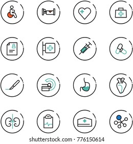line vector icon set - disabled vector, hotel, heart, doctor bag, patient card, first aid room, syringe, pills, scalpel, mri, stomach, kidneys, pulse clipboard, hat, molecule