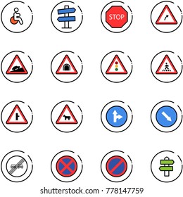 line vector icon set - disabled vector, road signpost sign, stop, turn right, climb, tunnel, traffic light, pedestrian, intersection, cow, only forward, detour, end overtake limit, no, parking
