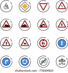 line vector icon set - disabled vector, main road sign, giving way, turn left, climb, steep descent, embankment, intersection, cow, limited height, only forward, right, circle, end speed limit
