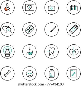 line vector icon set - disabled vector, first aid kit, doctor bag, vial, heart diagnosis, pills blister, scalpel, medical patch, mri, stomach, tooth, kidneys, broken bone, virus, bottle, x ray