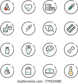 line vector icon set - disabled vector, heart pulse, hospital building, syringe, tonometer, pipette, diagnosis, pills blister, bottle, brain, broken bone, clipboard, doctor hat, thermometer