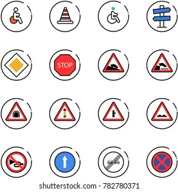 line vector icon set - disabled vector, road cone, signpost sign, main, stop, steep descent, embankment, tunnel, traffic light, intersection, rough, no horn, only forward, end overtake limit