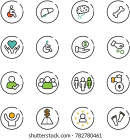 line vector icon set - disabled vector, liver, brain, broken bone, heart care, investment, user check, group, rich, success, dollar, star man, feet