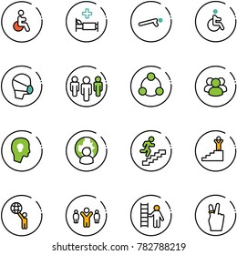 line vector icon set - disabled vector, hospital bed, push ups, medical mask, group, social, head bulb, man globe, career, success, world, team leader, opportunity, victory