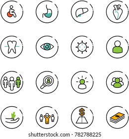 line vector icon set - disabled vector, stomach, liver, heart, tooth, eye, virus, user, group, head hunter, idea, hand sproute, team leader, dollar