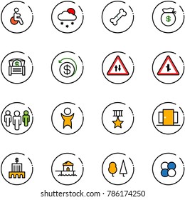 line vector icon set - disabled vector, snowfall, broken bone, money bag, chest, back, oncoming traffic road sign, intersection, group, success, star medal, doors, bank building, bungalow, forest