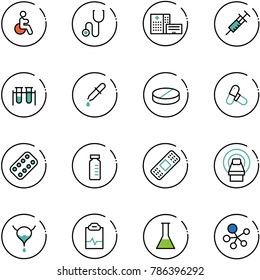 line vector icon set - disabled vector, stethoscope, hospital building, syringe, vial, pipette, pill, pills, blister, medical patch, mri, bladder, pulse clipboard, flask, molecule