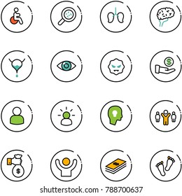 line vector icon set - disabled vector, bacteria, lungs, brain, bladder, eye, virus, investment, user, idea, head bulb, team leader, rich, success, dollar, feet