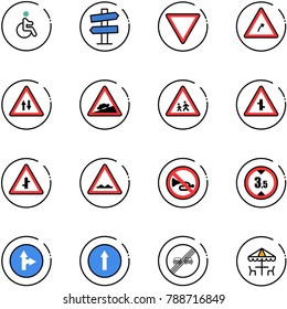line vector icon set - disabled vector, road signpost sign, giving way, turn right, oncoming traffic, climb, children, intersection, rough, no horn, limited height, only forward, end overtake limit