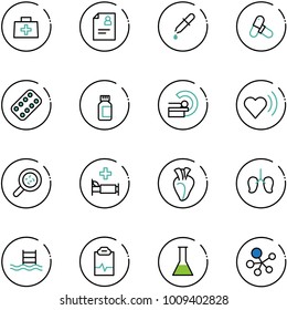 line vector icon set - doctor bag vector, patient card, pipette, pills, blister, bottle, mri, heart beat, bacteria, hospital bed, lungs, pool, pulse clipboard, flask, molecule