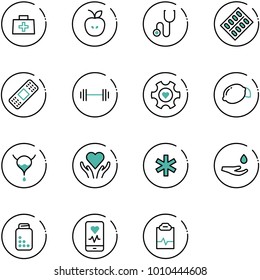 line vector icon set - doctor bag vector, apple, stethoscope, pills blister, medical patch, barbell, heart gear, lemon, bladder, care, ambulance star, drop hand, bottle, mobile monitor