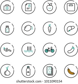 line vector icon set - doctor bag vector, patient card, apple, floor scales, pills bottle, lemon, carrot, liver, abdominal muscles, pool, bike, eggplant, onion, milk, breads, banana