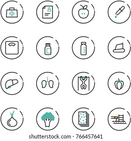 line vector icon set - doctor bag vector, patient card, apple, pipette, floor scales, pills bottle, vial, treadmill, liver, lungs, pull ups, sweet pepper, onion, broccoli, breads, pool