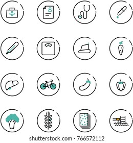 line vector icon set - doctor bag vector, patient card, stethoscope, pipette, thermometer, floor scales, treadmill, carrot, liver, bike, eggplant, sweet pepper, broccoli, spica, breads, pool